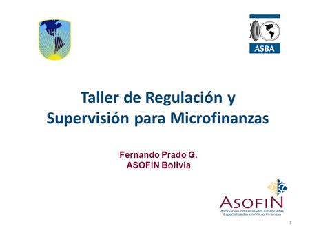 Taller de Regulación y Supervisión para Microfinanzas 1 Fernando Prado G. ASOFIN Bolivia.