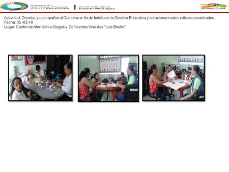 Actividad: Orientar y acompañar al Colectivo a fin de fortalecer la Gestión Educativa y solucionar nudos críticos encontrados. Fecha: 05 -05-16. Lugar: