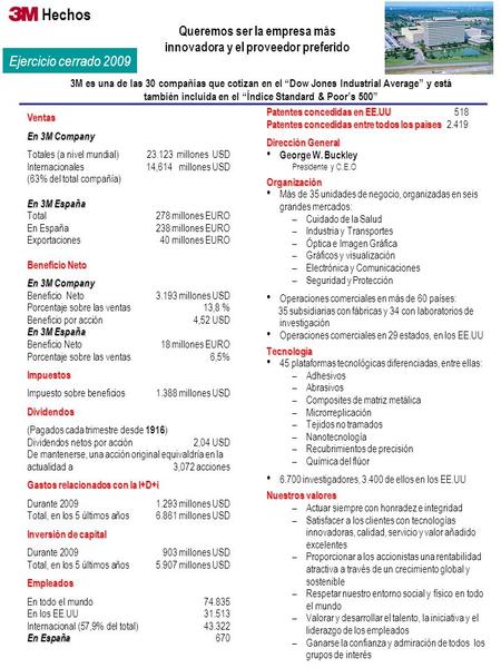 Hechos Ejercicio cerrado 2009 3M es una de las 30 compañías que cotizan en el “Dow Jones Industrial Average” y está también incluida en el “Índice Standard.