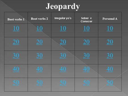 Jeopardy Boot verbs 1 Boot verbs 2 Irregular yo’sSaber v Conocer Personal A 10 20 30 40 50.