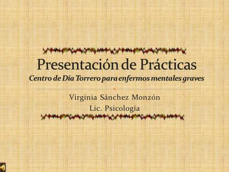 Virginia Sánchez Monzón Lic. Psicología. El Centro El Centro de Día trabaja en el tratamiento integral de tipo rehabilitador y de inserción para personal.