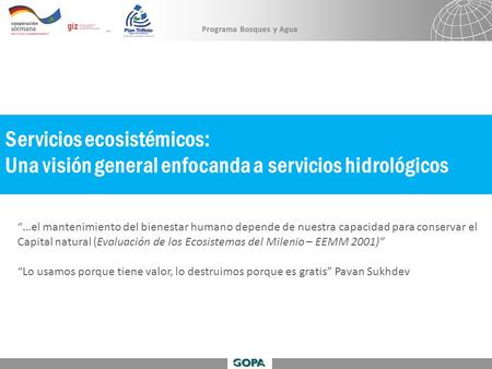 Servicios ecosistémicos: Una visión general enfocanda a servicios hidrológicos “…el mantenimiento del bienestar humano depende de nuestra capacidad para.