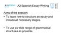 A2 Spanish Essay Writing Aims of the session: To learn how to structure an essay and include all necessary stages. To use as wide range of grammatical.