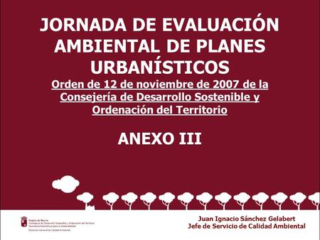JORNADA DE EVALUACIÓN AMBIENTAL DE PLANES URBANÍSTICOS Orden de 12 de noviembre de 2007 de la Consejería de Desarrollo Sostenible y Ordenación del Territorio.