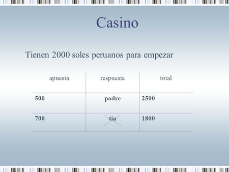 Casino apuestarespuestatotal 500padre2500 700tía1800 Tienen 2000 soles peruanos para empezar.