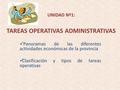 UNIDAD Nº1: TAREAS OPERATIVAS ADMINISTRATIVAS Panoramas de las diferentes actividades económicas de la provincia Clasificación y tipos de tareas operativas.