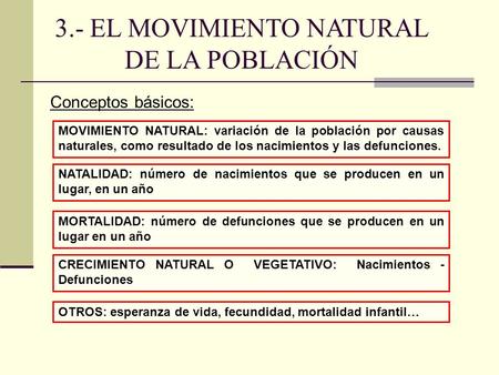 3.- EL MOVIMIENTO NATURAL DE LA POBLACIÓN MOVIMIENTO NATURAL: variación de la población por causas naturales, como resultado de los nacimientos y las defunciones.