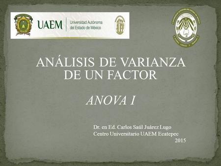 ANÁLISIS DE VARIANZA DE UN FACTOR ANOVA I Dr. en Ed. Carlos Saúl Juárez Lugo Centro Universitario UAEM Ecatepec 2015.