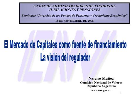 1 Narciso Muñoz Comisión Nacional de Valores República Argentina www.cnv.gov.ar UNIÓN DE ADMINISTRADORAS DE FONDOS DE JUBILACIONES Y PENSIONES Seminario.