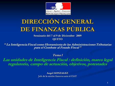 1 DIRECCIÓN GENERAL DE FINANZAS PÚBLICA Seminario del 7 al 9 de Diciembre 2009 QUITO “ ” “ La Inteligencia Fiscal como Herramienta de las Administraciones.