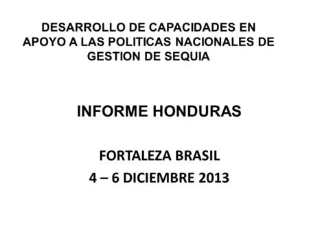 DESARROLLO DE CAPACIDADES EN APOYO A LAS POLITICAS NACIONALES DE GESTION DE SEQUIA INFORME HONDURAS FORTALEZA BRASIL 4 – 6 DICIEMBRE 2013.