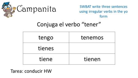 Campanita Conjuga el verbo “tener” Tarea: conducir HW SWBAT write three sentences using irregular verbs in the yo form tengo tienes tiene tenemos tienen.