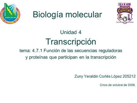 Biología molecular Unidad 4 Transcripción tema: 4.7.1 Función de las secuencias reguladoras y proteínas que participan en la transcripción Zuny Yeraldin.