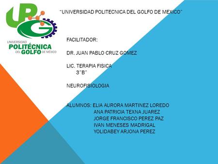 “UNIVERSIDAD POLITECNICA DEL GOLFO DE MEXICO” FACILITADOR: DR. JUAN PABLO CRUZ GOMEZ LIC. TERAPIA FISICA 3”B” NEUROFISIOLOGIA ALUMNOS: ELIA AURORA MARTINEZ.