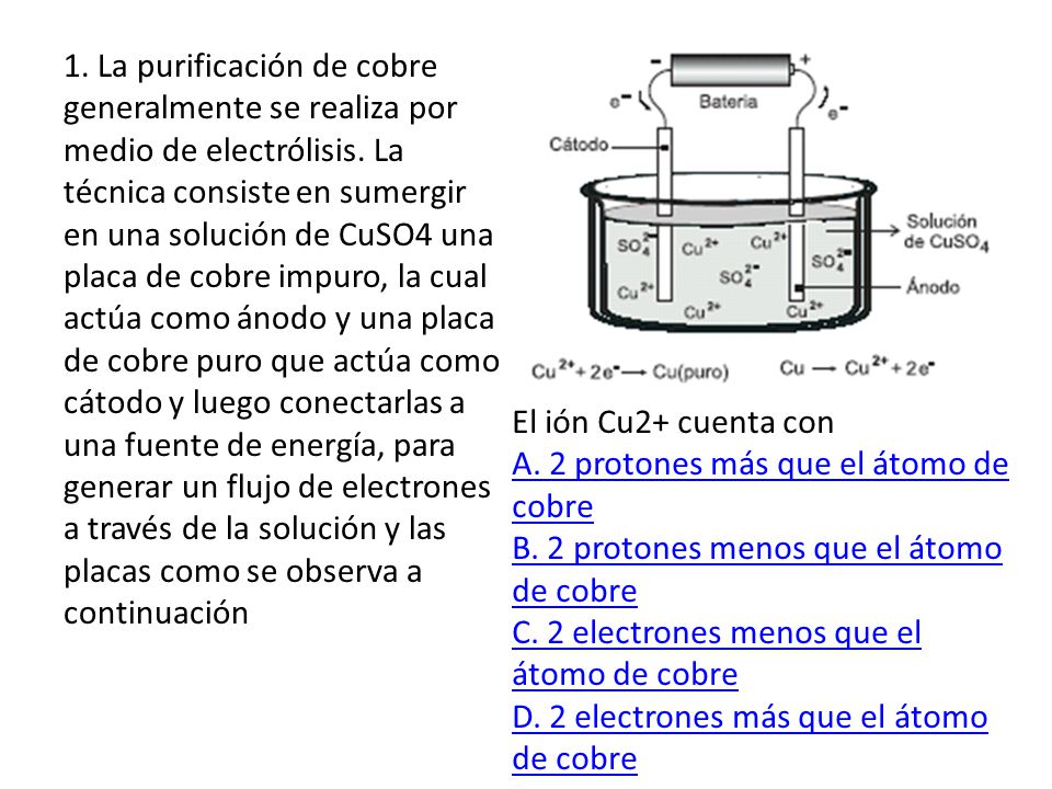 1. La purificación de cobre generalmente se realiza por medio de  electrólisis. La técnica consiste en sumergir en una solución de CuSO4 una  placa de cobre. - ppt video online descargar