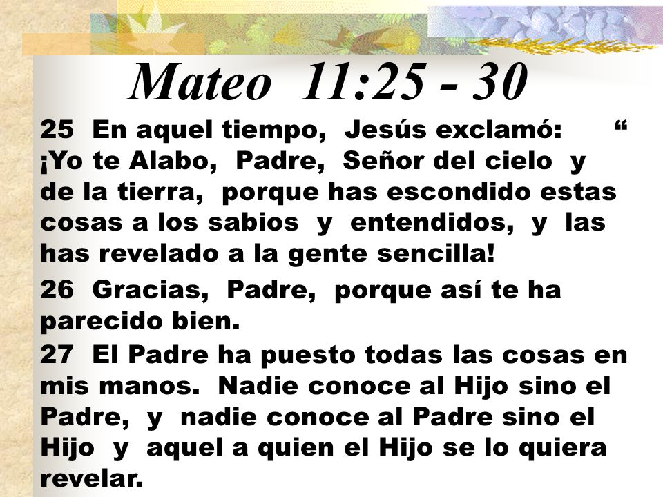 Mateo 11:25 - 30 25 En aquel tiempo, Jesús exclamó: “ ¡Yo te Alabo, Padre,  Señor del cielo y de la tierra, porque has escondido estas cosas. - ppt  descargar