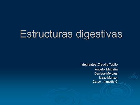 Estructuras digestivas integrantes :Claudia Tabilo integrantes :Claudia Tabilo Ángelo Magaña Ángelo Magaña Denisse Morales Denisse Morales Isaac Manzor.