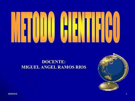 08/06/20161 DOCENTE: MIGUEL ANGEL RAMOS RIOS. 08/06/20162 Método: Etimología La palabra método deriva etimológicamente de las raíces griegas metas que.