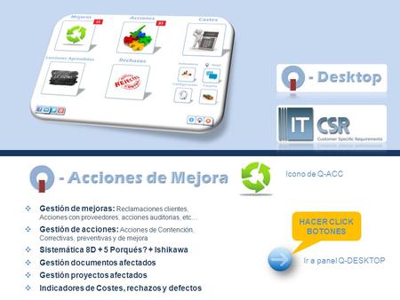  Gestión de mejoras: Reclamaciones clientes, Acciones con proveedores, acciones auditorias, etc…  Gestión de acciones: Acciones de Contención, Correctivas,