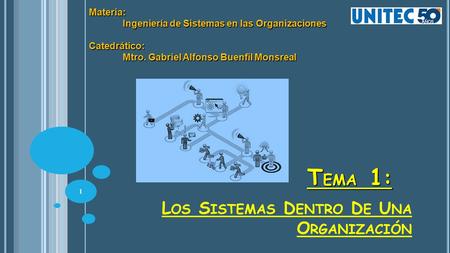 L OS S ISTEMAS D ENTRO D E U NA O RGANIZACIÓN T EMA 1 : Materia: Ingeniería de Sistemas en las Organizaciones Catedrático: Mtro. Gabriel Alfonso Buenfil.