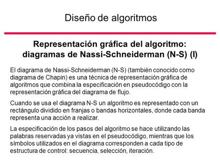 Diseño de algoritmos Representación gráfica del algoritmo: diagramas de Nassi-Schneiderman (N-S) (I) El diagrama de Nassi-Schneiderman (N-S) (también.
