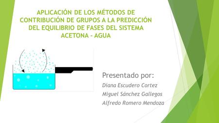 APLICACIÓN DE LOS MÉTODOS DE CONTRIBUCIÓN DE GRUPOS A LA PREDICCIÓN DEL EQUILIBRIO DE FASES DEL SISTEMA ACETONA - AGUA Presentado por: Diana Escudero Cortez.