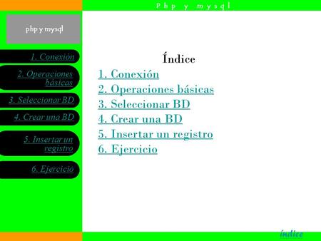 Php y mysql índice 1. Conexión 6. Ejercicio 5. Insertar un registro 2. Operaciones básicas 3. Seleccionar BD 4. Crear una BD P h p y m y s q l Índice 1.