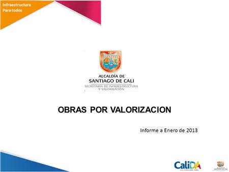 OBRAS POR VALORIZACION Informe a Enero de 2013. ANTECEDENTES El estatuto de Valorización : Acuerdo Municipal No 033 de 1979 Actualizado mediante el Acuerdo.