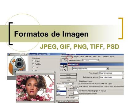 Formatos de Imagen JPEG, GIF, PNG, TIFF, PSD. Formatos de Imagen Los archivos gráficos, o archivos de imagen, son los archivos utilizados para crear,