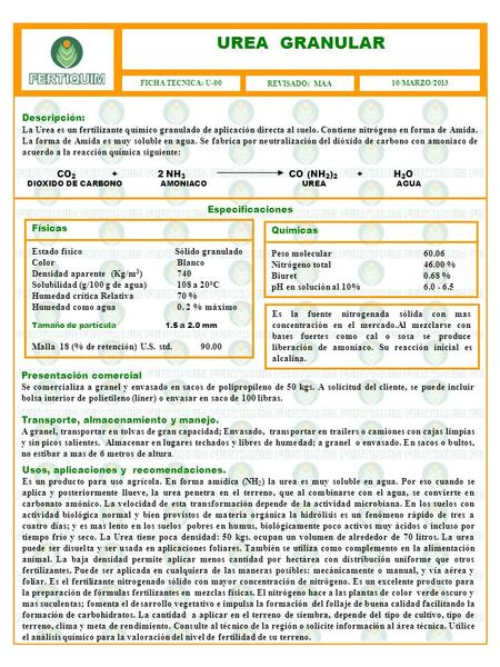 Especificaciones Presentación comercial Se comercializa a granel y envasado en sacos de polipropileno de 50 kgs. A solicitud del cliente, se puede incluir.