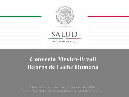 Convenio México-Brasil Bancos de Leche Humana Subsecretaria de Prevención y Promoción de la Salud Centro Nacional de Equidad de Género y Salud Reproductiva.