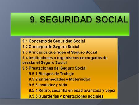 9.1 Concepto de Seguridad Social 9.2 Concepto de Seguro Social 9.3 Principios que rigen el Seguro Social 9.4 Instituciones u organismos encargados de prestar.