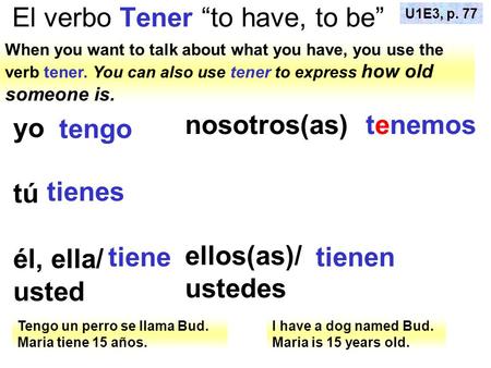 El verbo Tener “to have, to be” When you want to talk about what you have, you use the verb tener. You can also use tener to express how old someone is.