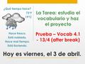 Hoy es viernes, el 3 de abril. La Tarea: estudia el vocabulario y haz el proyecto Prueba – Vocab 4.1 - 13/4 (after break) ¿Qué tiempo hace? 73°F 19°C Hace.