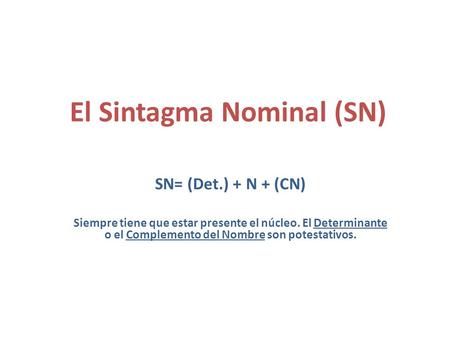 El Sintagma Nominal (SN) SN= (Det.) + N + (CN) Siempre tiene que estar presente el núcleo. El Determinante o el Complemento del Nombre son potestativos.