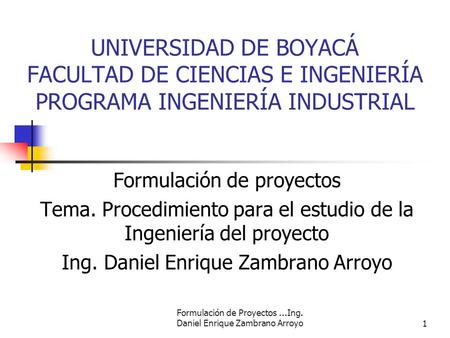 Formulación de Proyectos...Ing. Daniel Enrique Zambrano Arroyo1 UNIVERSIDAD DE BOYACÁ FACULTAD DE CIENCIAS E INGENIERÍA PROGRAMA INGENIERÍA INDUSTRIAL.