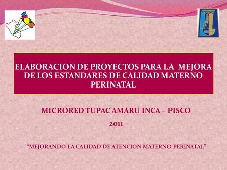 ELABORACION DE PROYECTOS PARA LA MEJORA DE LOS ESTANDARES DE CALIDAD MATERNO PERINATAL MICRORED TUPAC AMARU INCA – PISCO 2011 “MEJORANDO LA CALIDAD DE.