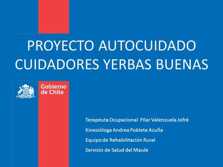 PROYECTO AUTOCUIDADO CUIDADORES YERBAS BUENAS Terapeuta Ocupacional Pilar Valenzuela Jofré Kinesióloga Andrea Poblete Acuña Equipo de Rehabilitación Rural.