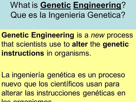 What is Genetic Engineering? Que es la Ingenieria Genetica? Genetic Engineering is a new process that scientists use to alter the genetic instructions.