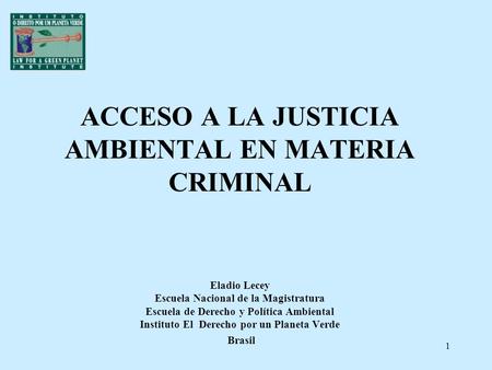 1 ACCESO A LA JUSTICIA AMBIENTAL EN MATERIA CRIMINAL Eladio Lecey Escuela Nacional de la Magistratura Escuela de Derecho y Política Ambiental Instituto.
