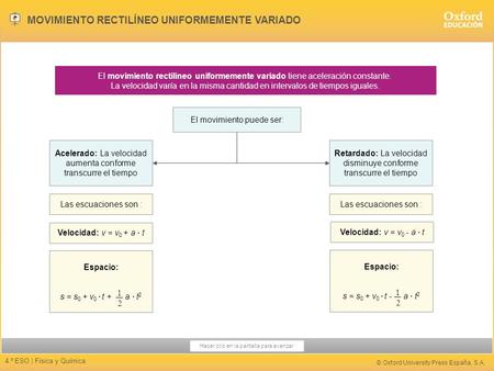Hacer clic en la pantalla para avanzar 4.º ESO | Física y Química © Oxford University Press España, S.A. El movimiento rectilíneo uniformemente variado.