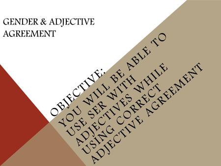 GENDER & ADJECTIVE AGREEMENT OBJECTIVE: YOU WILL BE ABLE TO USE SER WITH ADJECTIVES WHILE USING CORRECT ADJECTIVE AGREEMENT.