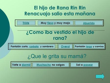 ¿Que le grita su mamá? TristeMuy tieso y muy majotieso Aburrido ¿Como iba vestido el hijo de rana? Pantalón corto, corbata y sombrerocorbata Overol Pantalón.