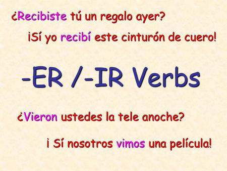 -ER /-IR Verbs ¿Recibiste tú un regalo ayer? ¿Vieron ustedes la tele anoche? ¡ Sí nosotros vimos una película! ¡Sí yo recibí este cinturón de cuero!