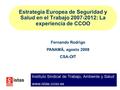Estrategia Europea de Seguridad y Salud en el Trabajo 2007-2012: La experiencia de CCOO Fernando Rodrigo PANAMÁ, agosto 2008 CSA-OIT Instituto Sindical.