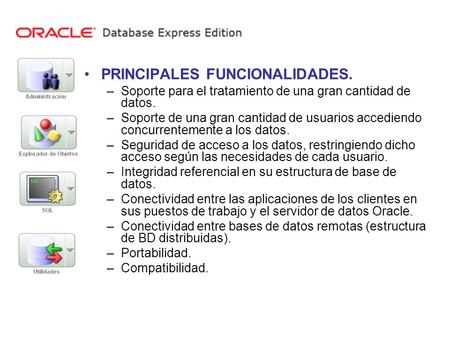 PRINCIPALES FUNCIONALIDADES. –Soporte para el tratamiento de una gran cantidad de datos. –Soporte de una gran cantidad de usuarios accediendo concurrentemente.