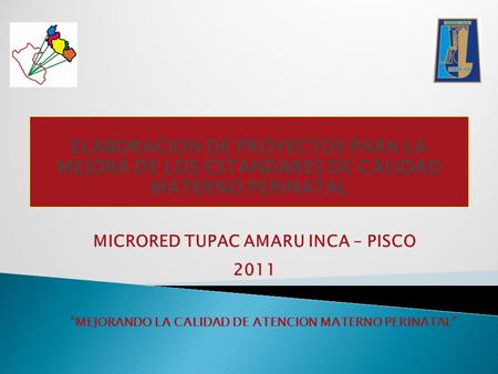 ELABORACION DE PROYECTOS PARA LA MEJORA DE LOS ESTANDARES DE CALIDAD MATERNO PERINATAL MICRORED TUPAC AMARU INCA – PISCO 2011 “MEJORANDO LA CALIDAD DE.
