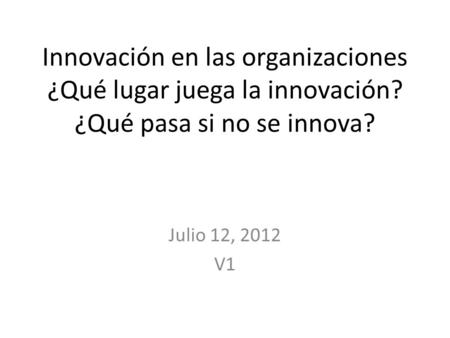 Innovación en las organizaciones ¿Qué lugar juega la innovación? ¿Qué pasa si no se innova? Julio 12, 2012 V1.