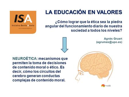 LA EDUCACIÓN EN VALORES ¿Cómo lograr que la ética sea la piedra angular del funcionamiento diario de nuestra sociedad a todos los niveles? Agnès Gruart.