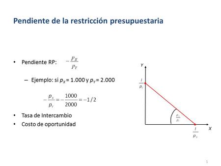 Pendiente de la restricción presupuestaria Pendiente RP: – Ejemplo: si p X = 1.000 y p Y = 2.000 Tasa de Intercambio Costo de oportunidad 1 Y X.